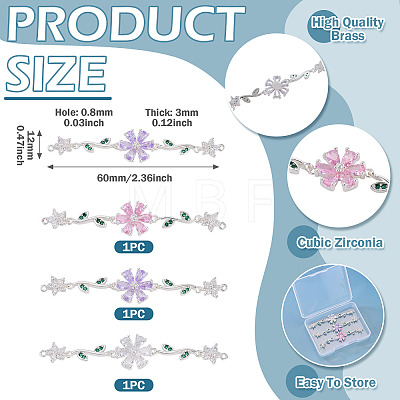 3Pcs 3 Colors Brass Pave Cubic Zirconia Connector Charms KK-TA0008-71S-1