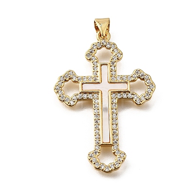 Brass Micro Pave Cubic Zirconia Shell Pendants KK-D328-26G-A-1