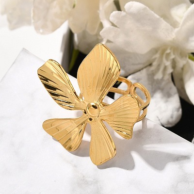 Flower Stainless Steel Open Cuff Ring for Women RJEW-R006-03G-01-1