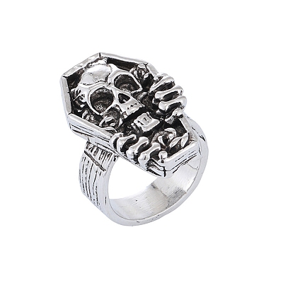 Tibetan Style Alloy Coffin with Skull Finger Rings PW-WG44667-02-1