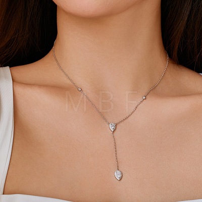 Rhodium Plated 925 Sterling Silver Pave Clear Cubic Zirconia Cable Chain Teardrop Tassel Pendant Necklaces for Women NJEW-Q342-08P-1