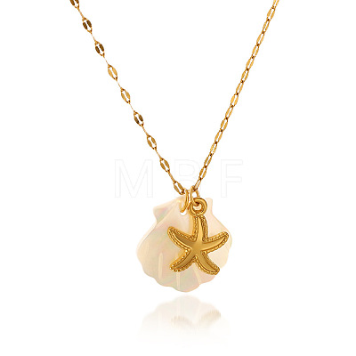 Ocean Theme Natural Shell & 304 Stainless Steel Pendant Dapped Chain Necklaces for Women FS-WG58500-13-1