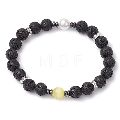 Round Natural Lava Rock & Cat Eye Beads Stretch Bracelets for Women BJEW-JB10986-1