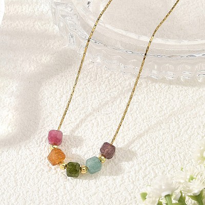 Natural Multicolor Tourmaline Faceted Beaded Pendant 304 Stainless Steel Boston Link Chain Necklaces NJEW-JN06419-02-1