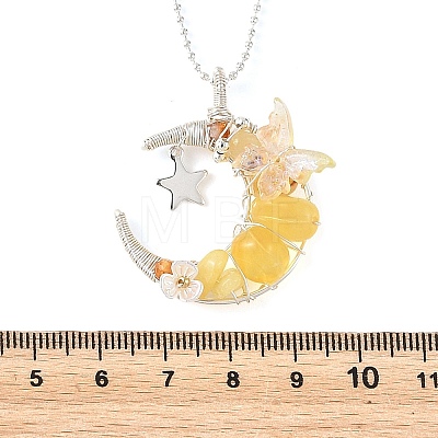 Natural Topaz Jade Wire Wrapped Moon with Acrylic Butterfly Pendant 304 Stainless Steel Ball Chain Necklaces NJEW-TA00266-03-1