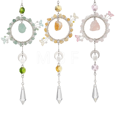 3Pcs 3 Styles Natural Green Aventurine & Rose Quartz & Topaz Jade & Citrine & Glass Suncatcher HJEW-TA00454-1