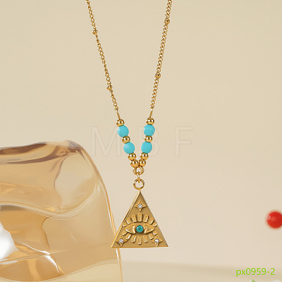 304 Stainless Steel Micro Pave Clrar Cubic Zirconia and Synthetic Turquoise Evil Eye Pendant Necklaces WG65F11-02-1