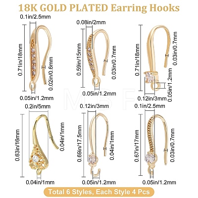 24Pcs 6 Style Brass Micro Pave Clear Cubic Zirconia Earring Hooks KK-BBC0002-11-1