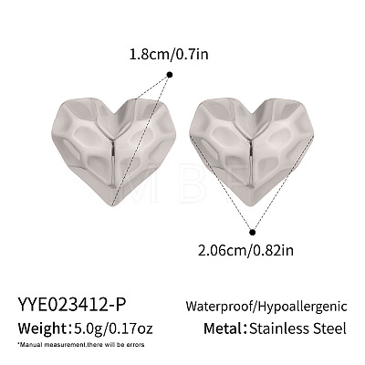 French Vintage Style Stainless Steel Textured Heart Stud Earrings for Women EI9252-2-1