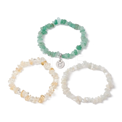 3Pcs 3 Styles Natural White Moonstone & Citrine & Green Aventurine Chips Stretch Bracelets Sets BJEW-JB11076-04-1