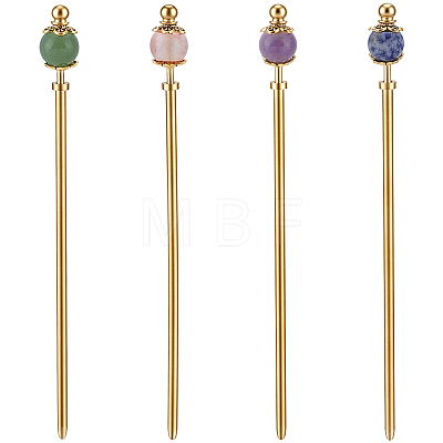 4Pcs 4 Styles Cherry Quartz Glass & Natural Blue Spot Jasper & Natural Green Aventurine & Natural Amethyst & Brass Hair Sticks OHAR-ME00003-1