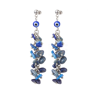 Natural Gemstone Chips & Lampwork Evil Eye Cluster Dangle Stud Earrings EJEW-JE05040-1