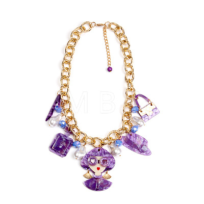Acrylic Lady Perfume Bottle High Heel and Imitation Pearl Pendant Bib Necklaces with Alloy Chains for Women FS-WGDF0C3-07-1