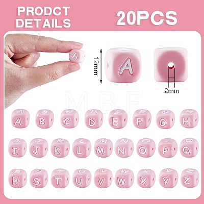 20Pcs Pink Cube Letter Silicone Beads 12x12x12mm Square Dice Alphabet Beads with 2mm Hole Spacer Loose Letter Beads for Bracelet Necklace Jewelry Making JX435F-1