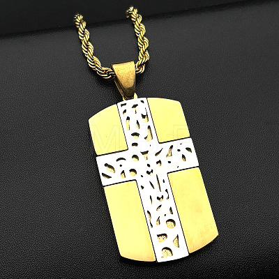 Duo Tone 304 Stainless Steel Rectangle Dog Tag with Cross Pendant Necklaces for Men WGBC7F7-02-1