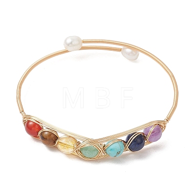 Chakra Natural & Synthetic Mixed Gemstone Round Beads Wire Wrapped Bangles for Women BJEW-TA00714-1