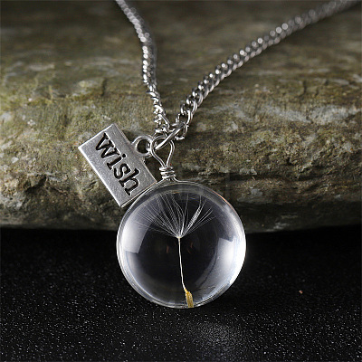 Clear Glass with Dandelion Inside Pendant Necklaces FS-WG96F40-05-1