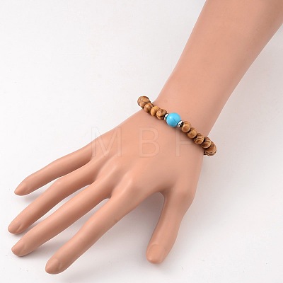 Round Wood Bead Stretch Bracelets BJEW-JB02139-1