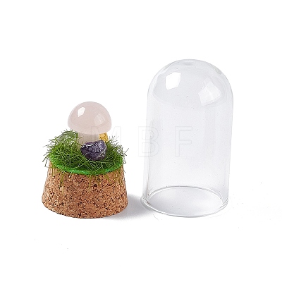 Natural Rose Quartz Mushroom Display Decoration with Glass Dome Cloche Cover G-E588-03J-1