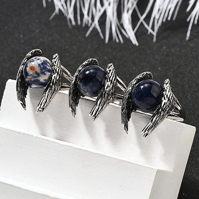 Natural Sodalite Wings Adjustable Rings RJEW-K241-04AS-06-1