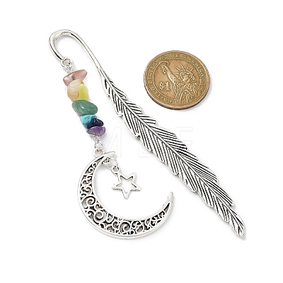 Alloy Feather Bookmark with Moon & Star AJEW-TA00017-1