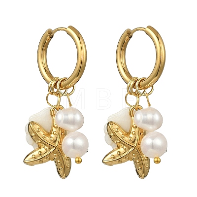 Natural White Shell and 304 Stainless Steel Dangle Earrings EJEW-JE07111-1