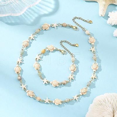 Starfish & Turtle Synthetic Turquoise Beaded Necklace & Bracelet Sets SJEW-JS01385-03-1