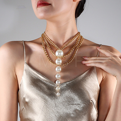White Plastic Imitation Pearl Beads Alloy Layered Chain Lassel Bib Necklaces for Women WG9451F-01-1