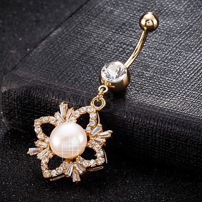 Brass Cubic Zirconia and Pearl Navel Ring AJEW-EE0004-05-1