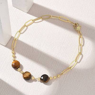 Natural Tiger Eye Faceted Flat Round Beaded Brass Paperclip Chain Bracelets GG-CBA37F5-02G-08-1