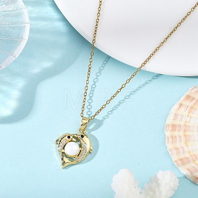 Ocean Brass Micro Pave Clear Cubic Zirconia and Natural Pearl Heart Dolphin Pendant 304 Stainless Steel Cable Chain Necklaces for Women NJEW-JN06262-1