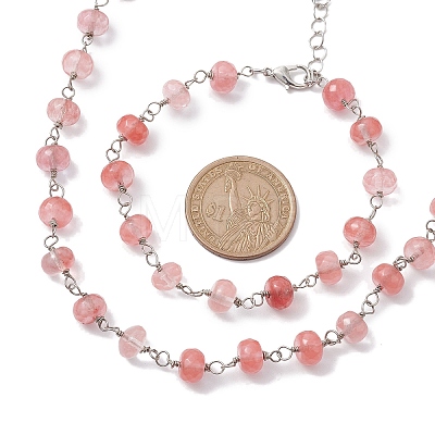 Rondelle Cherry Quartz Glass Links Bracelets & Necklaces Sets SJEW-JS01295-01-1