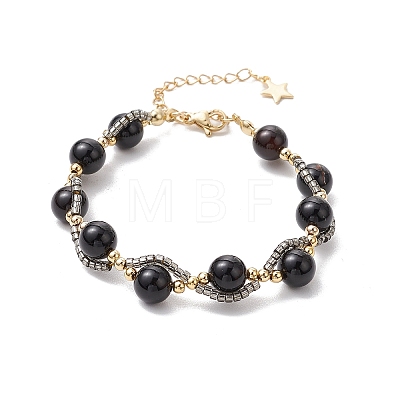 Round Natural Black Agate Beaded Bracelets for Women BJEW-MZ00151-02-1