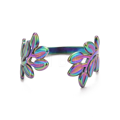 Ion Plating(IP) Rainbow Color 304 Stainless Steel Leaf Open Cuff Ring for Women RJEW-C025-09M-1