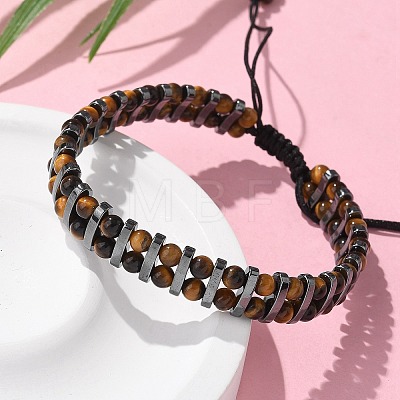 Natural Tiger Eye and Synthetic Hematite Adjustable Braided Bead Bracelets BJEW-H626-01-05-1