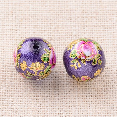 Flower Picture Printed Glass Round Beads GLAA-J087-12mm-B08-1