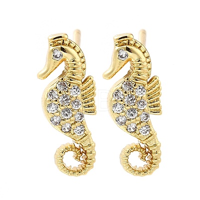 Sea Horse Brass Micro Pave Cubic Zirconia Ear Studs EJEW-D304-38G-1