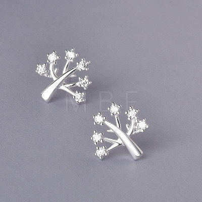 925 Sterling Silver Micro Pave Clear Cubic Zirconia Tree Stud Earrings FS-WG69278-01-1