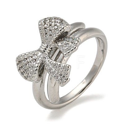 Bowknot Brass Micro Pave Clear Cubic Zirconia Double Rings RJEW-Z050-25P-1