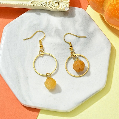 Natural Yellow Aventurine Pumpkin with Ring Dangle Earrings EJEW-JE05509-04-1