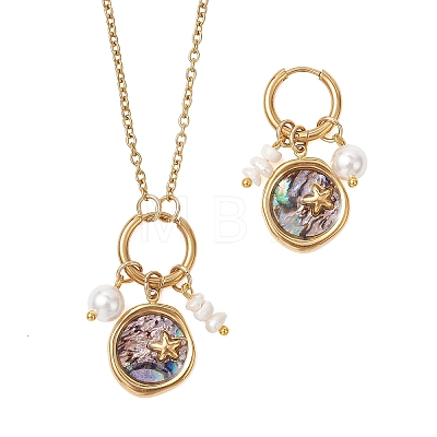 Abalone Shell Pendant Necklace & Hoop Earrings with Shell Pearl & Natural Freshwater Pearls SJEW-JS01379-03-1