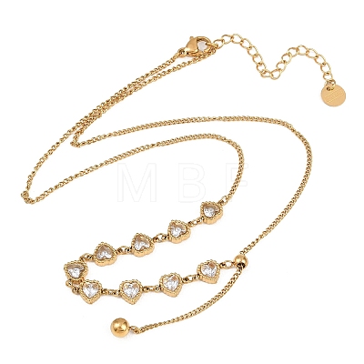 304 Stainless Steel Pave Clear Cubic Zirconia Heart Link Chain Slider Lariat Necklaces for Women NJEW-K300-01G-1