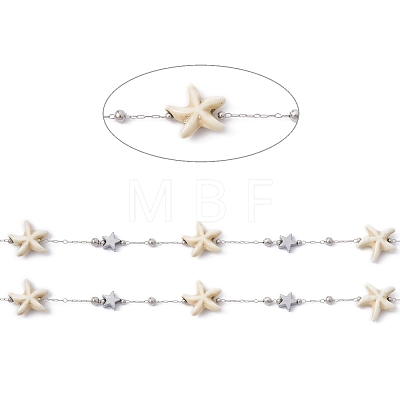 Handmade Synthetic Turquoise Starfish & 304 Stainless Steel Star Beaded Chains CHS-E008-01P-1