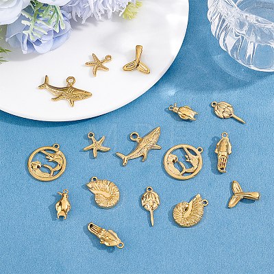 16Pcs 8 Styles Ocean Theme 304 Stainless Steel Pendants STAS-BBC0010-83-1