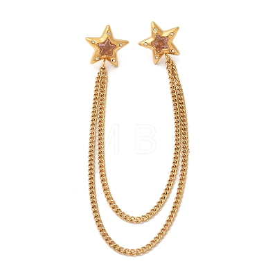 304 Stainless Steel Pave Cubic Zirconia Star Hanging Chain Brooch JEWB-S021-02G-01-1