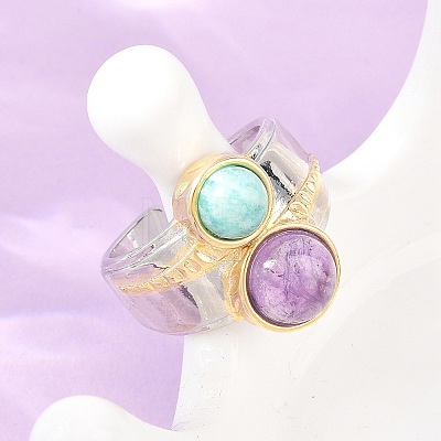 Natural Amethyst & Natural Amazonite with Brass Cuff Open Rings RJEW-B163-01GP-03-1