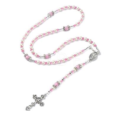 Cross & Virgin Mary Alloy Rosary Bead Necklaces NJEW-JN05123-01-1