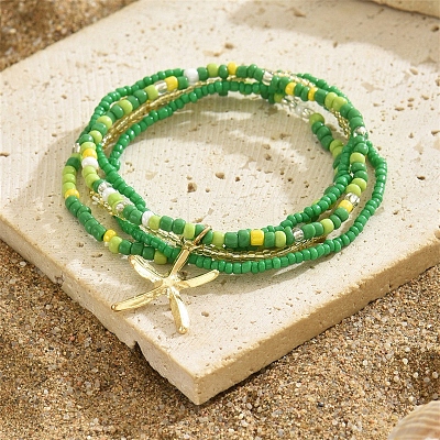 Multilayer Glass Seed Beads Starfish Pendant Anklet for Women PW-WG7288D-05-1