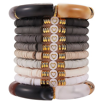 10Pcs 10 Style Handmade Polymer Clay Heishi Beaded Stretch Bracelets Set with Heart BJEW-SW00036-05-1