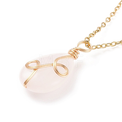 Natural Rose Quartz Teardrop Pendant Necklace X-NJEW-JN03900-01-1